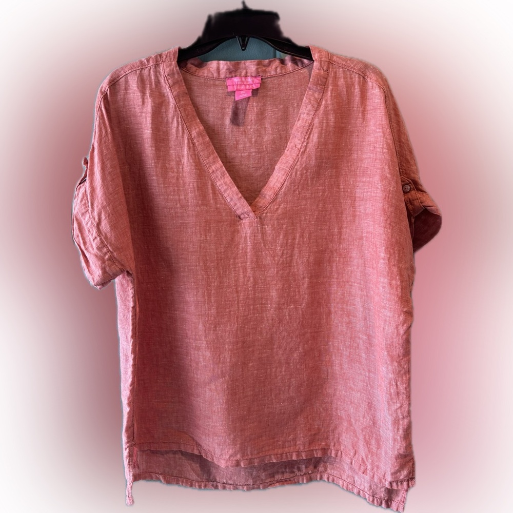 Isaac Mizrahi 100% Linen V-Neck Tab Short Sleeve Coral Blouse Women’s Size Large